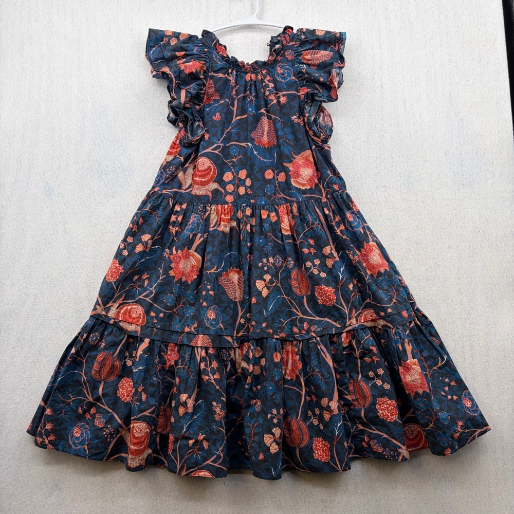 Ulla Johnson Ruffle Flutter Sleeve Tiered Floral Midi Dress Blue Orange